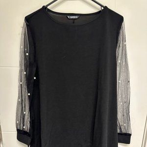 Sheer Beaded Sleeve Black Midi Dress